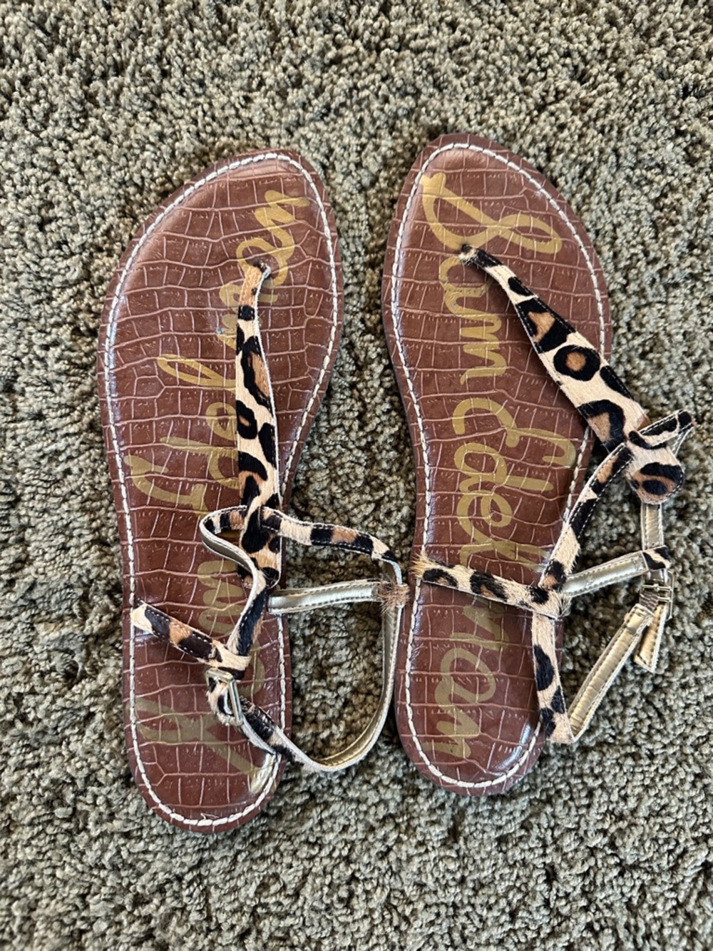 Sam Edelman Leopard Print T-Strap Sandals - Brown/Tan/Black